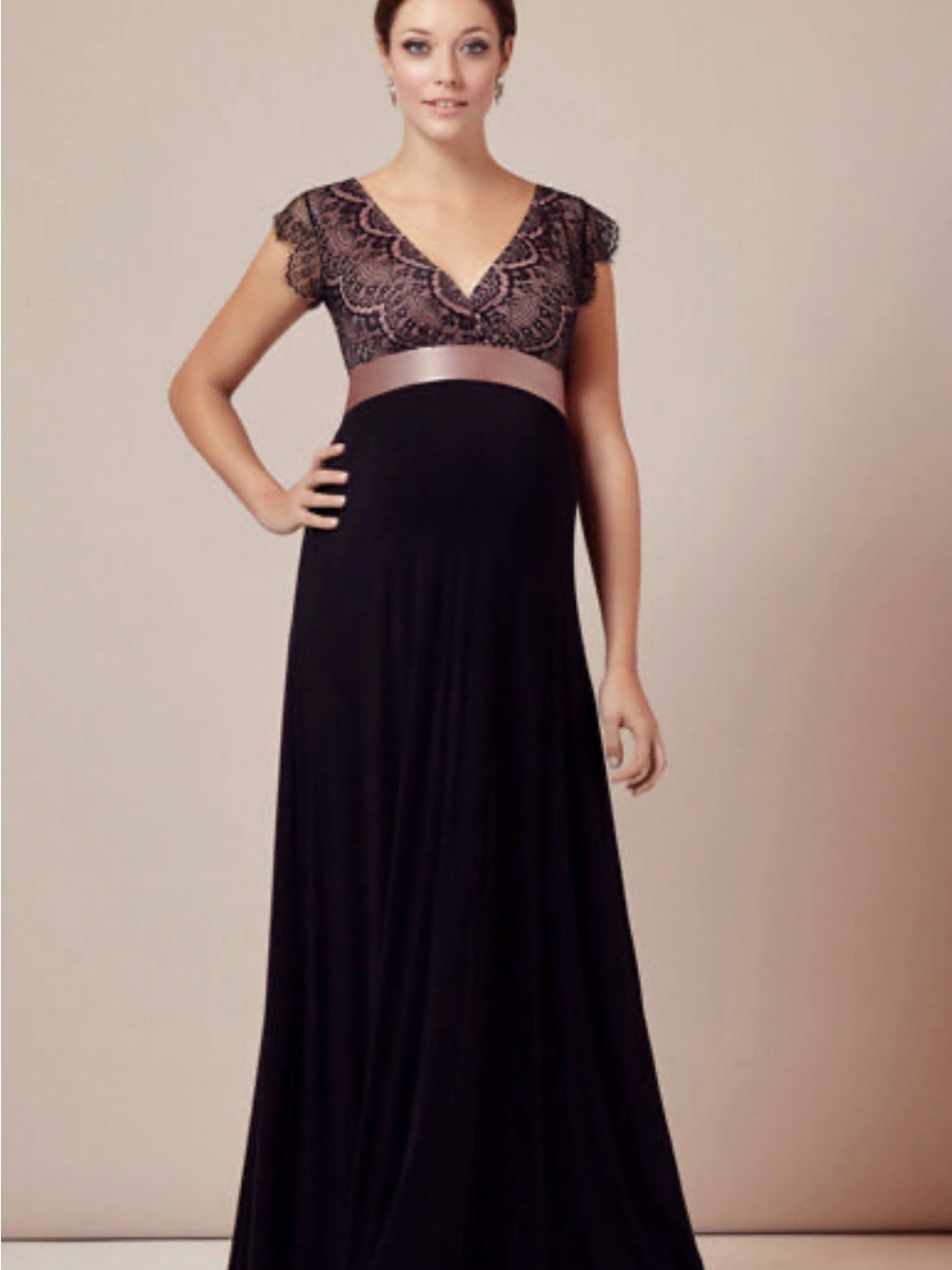 Elegant Black Maternity Lace-Top Evening Dress